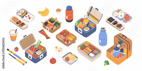 Colorful picnic assortment with various lunch boxes and healthy food items