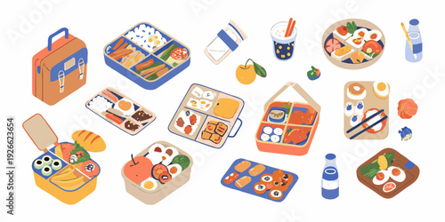 Colorful bento boxes drinks and fruit arranged in a playful overhead view
