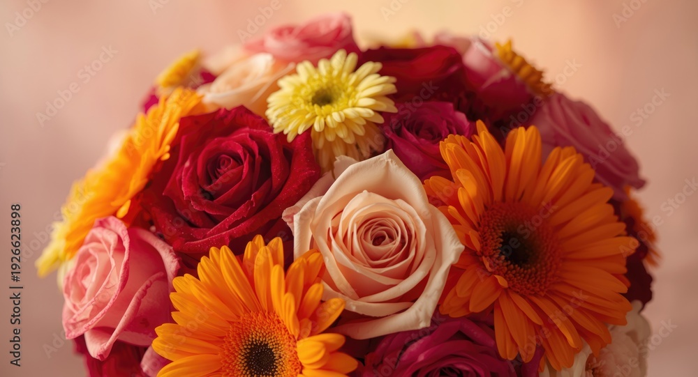 Fototapeta premium Joyful vibrant bouquet with mixed rose varieties and bright gerbera daisies