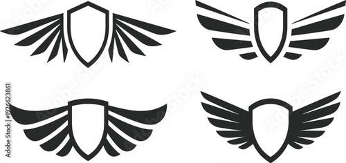 Black winged shield emblem vector set, heraldic security logo icons, protection and military rank badge design