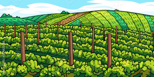 A vibrant cartoon illustration of a lush green vineyard hillside
