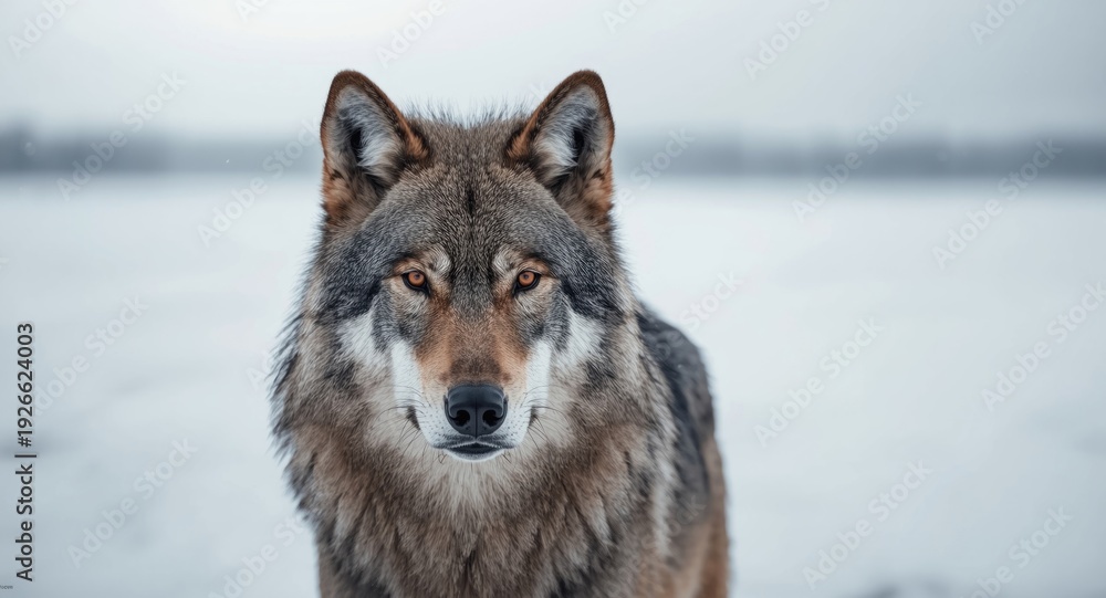 Fototapeta premium Focused portrait of a wolf in a snowy field highlighting sharp snout and dense fur
