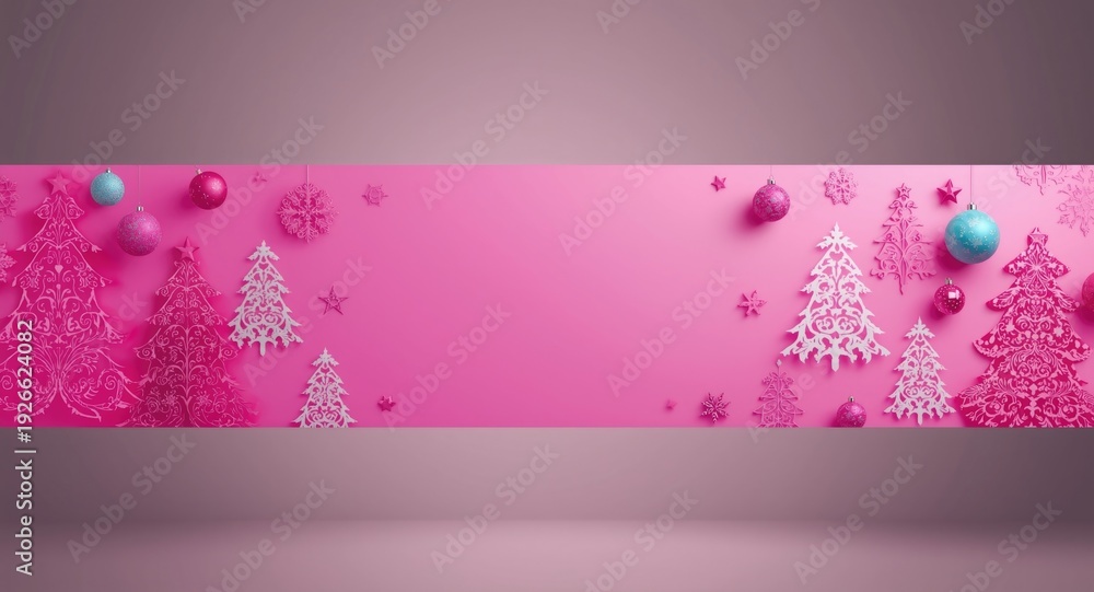 Fototapeta premium Pink holiday banner showcasing Christmas tree shapes and joyful colors