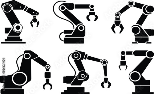 Black industrial robotic arm silhouettes vector set, automated manufacturing machinery icons, high technology factory assembly line