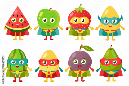 Adorable superhero fruits with capes and smiling faces in colorful designs