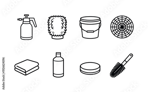 Car detailing accessories: foam sprayer, wash mitt, bucket, grit guard, drying towel, polish bottle, applicator pad, wheel brush