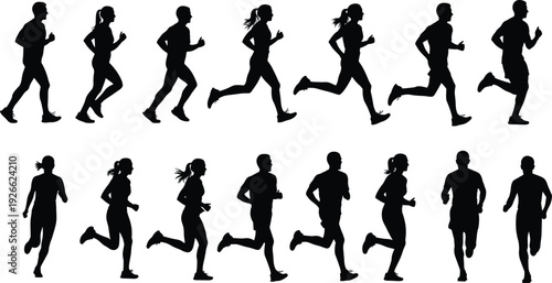 Set of Running and Jogging Silhouettes Featuring Men and Women in Various Action Poses, Ideal for Fitness, Marathon, Sports, Exercise, and Healthy Lifestyle Vector Design Elements