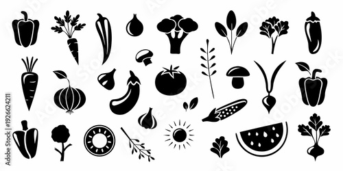 Black and white illustration of various fruits and vegetables