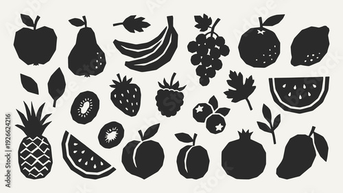 Fruit silhouette collection. Black icons set - apple, pear, banana bunch, citrus, lemon, strawberry, raspberry, watermelon slice, pineapple. Vector linocut style minimalist design elements.