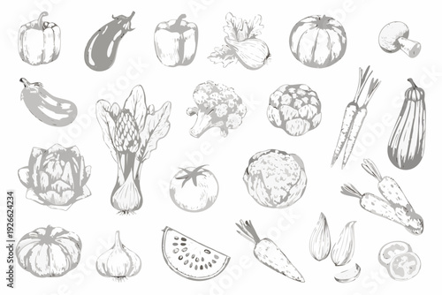 A collection of hand drawn vegetables and fruits in grayscale
