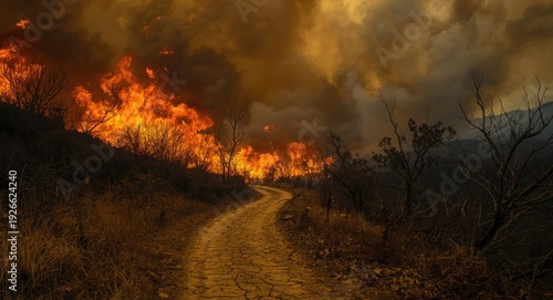 A path threatened by wild fire with bright flames and heavy smoke cover