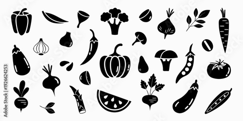 Black and white illustration of various vegetables and fruits arranged randomly