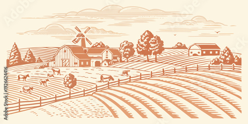 A serene countryside landscape with a windmill barns and grazing cows