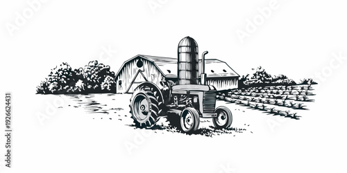 Vintage tractor parked in front of a rural barn illustration