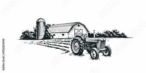 Vintage farm scene depicting a tractor barn and silo in black and white
