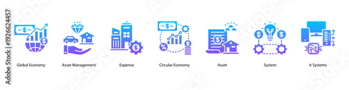Global Assets web banner vector illustration featuring Global Economy, Asset Management, Expense, Circular Economy, Asset, System, and IT Systems.