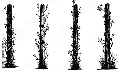 Set of rustic wooden post silhouettes with climbing ivy vines, natural wooden pillars with leafy foliage, organic garden fence elements,