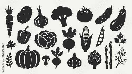 Vegetables silhouette collection. Black icons set - carrot, potato, onion, broccoli, tomato, cucumber, cabbage, pumpkin, corn, garlic. Vector linocut style minimalist design elements.