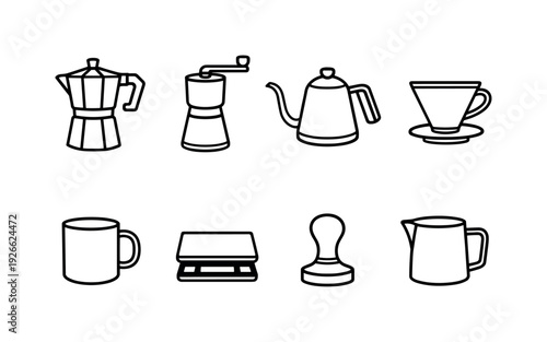Home brewing coffee items: moka pot, coffee grinder, kettle, coffee dripper, coffee mug, coffee scale, tamper, milk pitcher