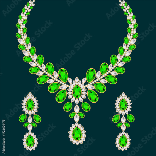 Luxurious emerald necklace and earrings set in elegant style in green and silver colors for formal events and celebrations