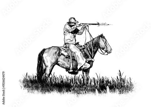 Wild West Gunslinger Riding Horse and Firing Pistol