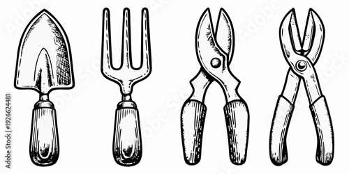 A collection of gardening tools trowel fork snips and pruners