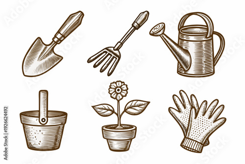 Vintage gardening tools and potted plants in sketch style
