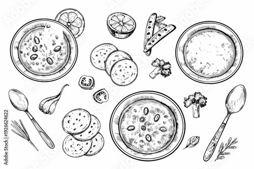 Sketch of various soups breads citrus and accompanying ingredients
