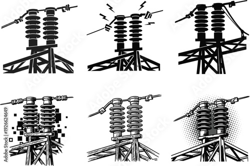 Set of six high-voltage electrical insulator tower illustrations showing different artistic styles, power grid infrastructure design elements on white background