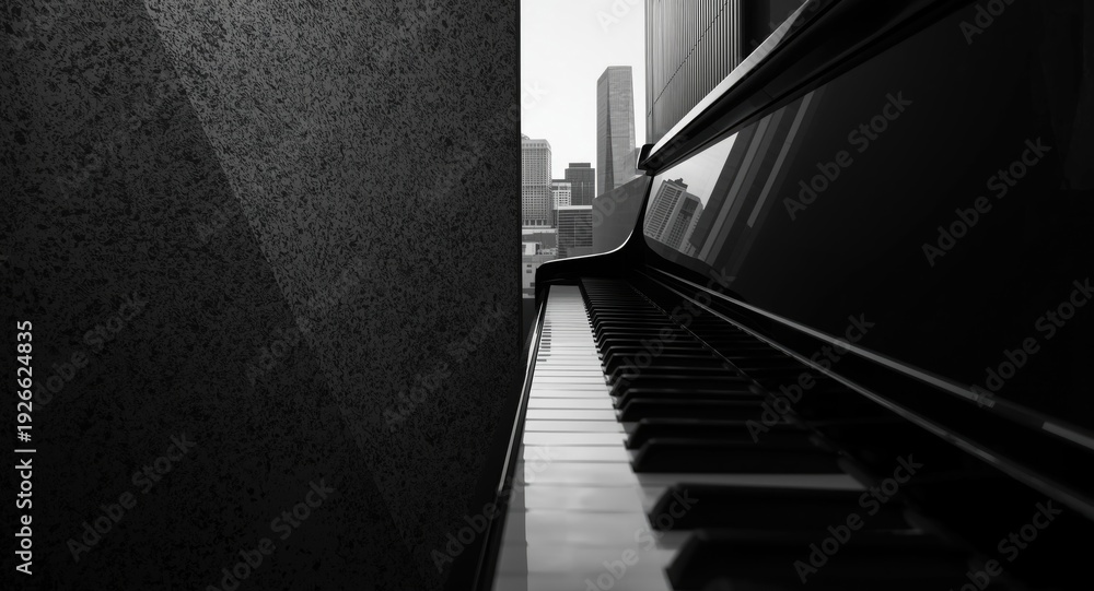Fototapeta premium Refined monochrome photograph showing piano keyboard with urban architecture feel