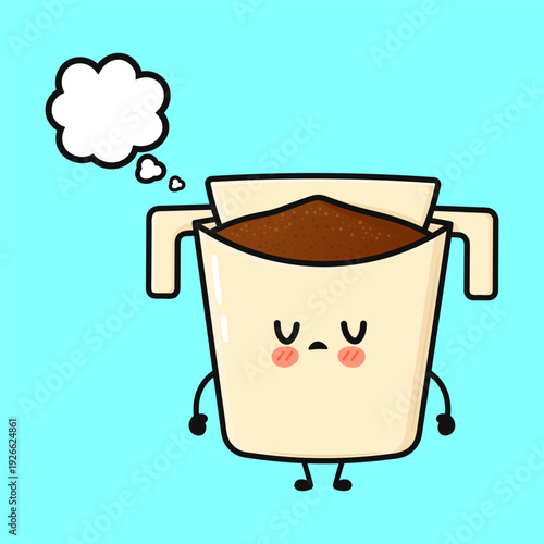 Cute sad coffee dripper thinking with empty thought bubble
