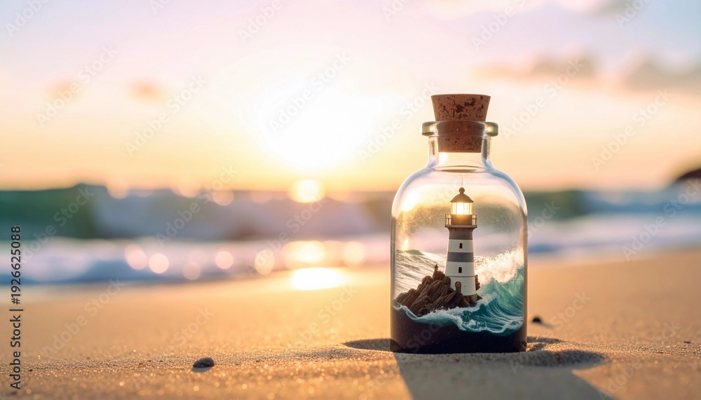 Obraz premium Macro photography of an old glass bottle resting on sand, containing a miniature lighthouse casting a strong beam of light. Hope, guidance, and safety concept.