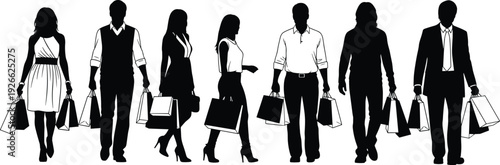 Shopping silhouette figures, fashion style walkers, retail consumer scene, black vector illustration, people with bags, urban lifestyle concept design