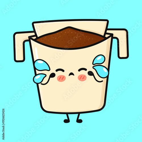 Cute sad crying coffee filter character with ground beans