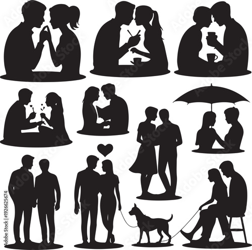 black silhouettes of people in various romantic and social interactions