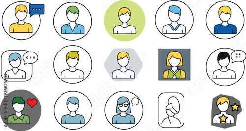 A collection of 15 diverse cartoon style avatars with various expressions and headwear on a white background