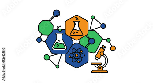 Abstract illustration of science concepts, including beakers, atoms, and a microscope design