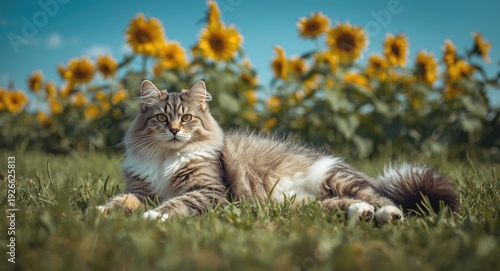Happy pet feline lounging c...