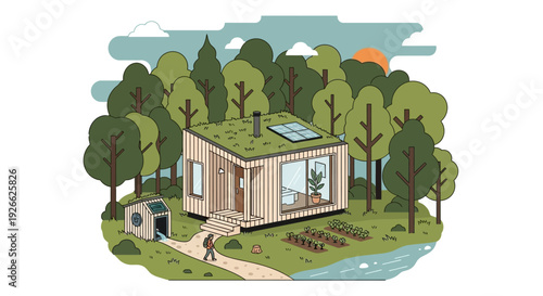 A modern, eco-friendly tiny house with a green roof, solar panels, and a small garden, nestled in a lush forest setting.