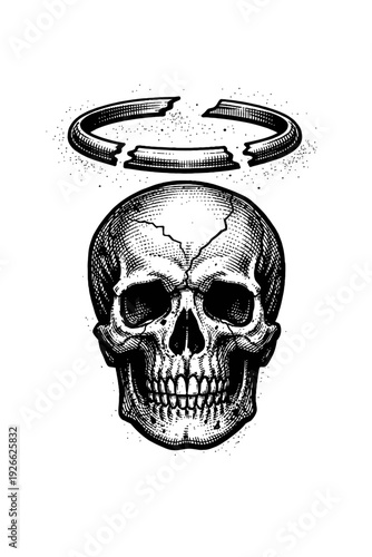 Haunting vintage engraving of a cracked human skull with a shattered halo, a powerful symbol of mortality, lost divinity, and the fragility of existence in a detailed, macabre, and spiritually resonan