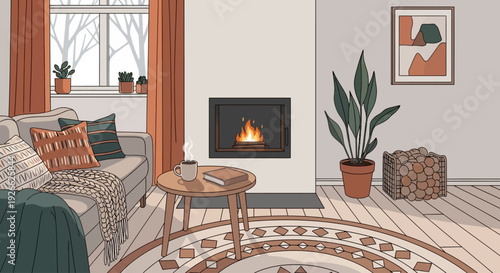 Cozy living room with a fireplace, sofa, and round rug, decorated for winter.