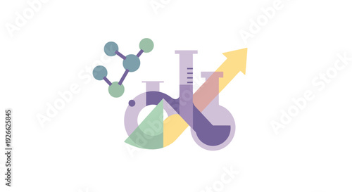 Abstract scientific illustration showcasing molecular structures, flasks, and upward progress