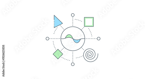 Abstract vector graphic with interconnected geometric elements and a central wave pattern