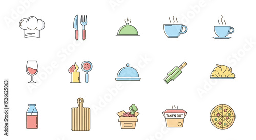 Aesthetic Culinary Icon Collection: Exploring Cuisine and Beverage Visuals on White Backdrop