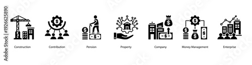 Enterprise Property web banner vector illustration featuring Construction, Contribution, Pension, Property, Company, Money Management, and Enterprise.