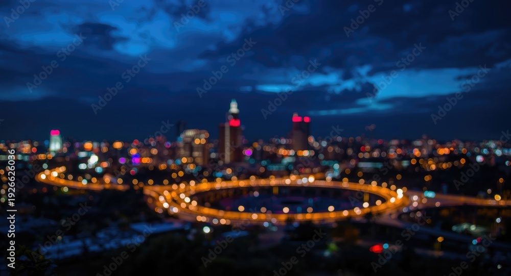 Fototapeta premium Macro photo of urban night skyline with a focus on glowing light circle created by various illuminated fixtures