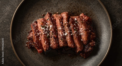 Sliced New York beef steak ...