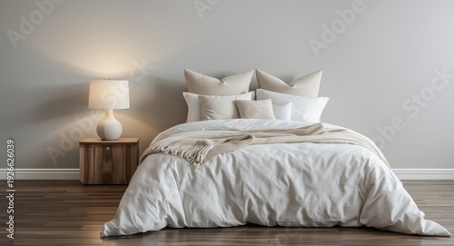 Sleek bedroom design displaying a well-made bed with fresh white sheets and a clean-lined lamp on a natural wood table