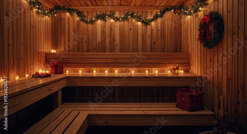 Festive steam room with sau...