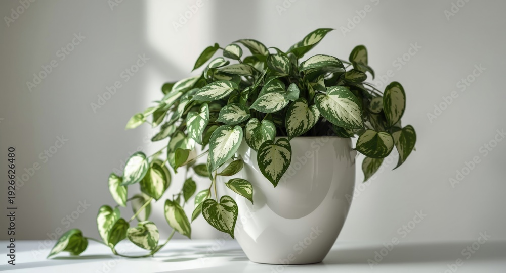 Obraz premium Snow Queen pothos plant in a white ceramic pot with variegated leaves